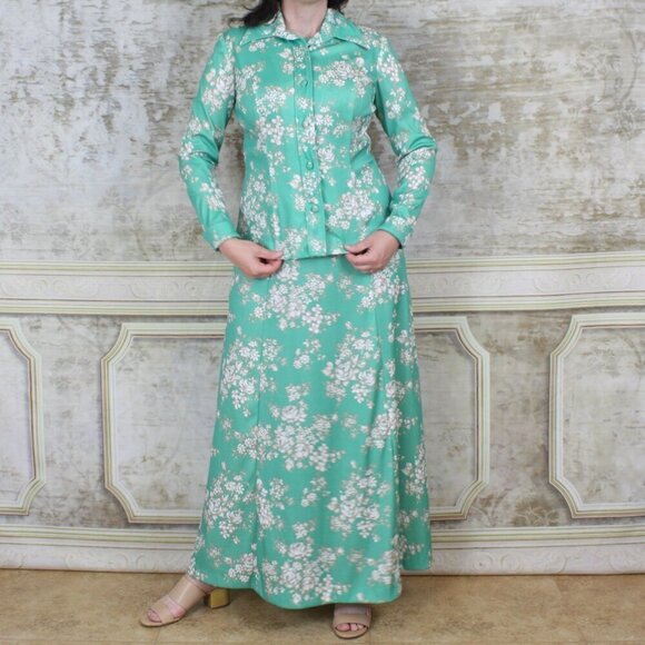 Vintage Dresses & Skirts - Vintage 1970s Maxi Dress & Jacket Green Floral Mod Vintage VTG 70s Sleeveless M